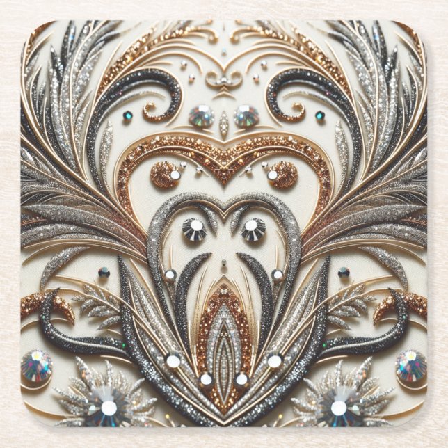 Glittering floral pattern with gemstone square paper coaster (Front)