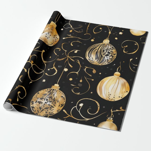 Glittering Gold Christmas Ball Wrapping Paper (Unrolled)