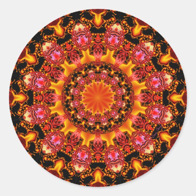 Glittering Gold Mandala, Abstract Red Orange Amber Classic Round Sticker (Front)