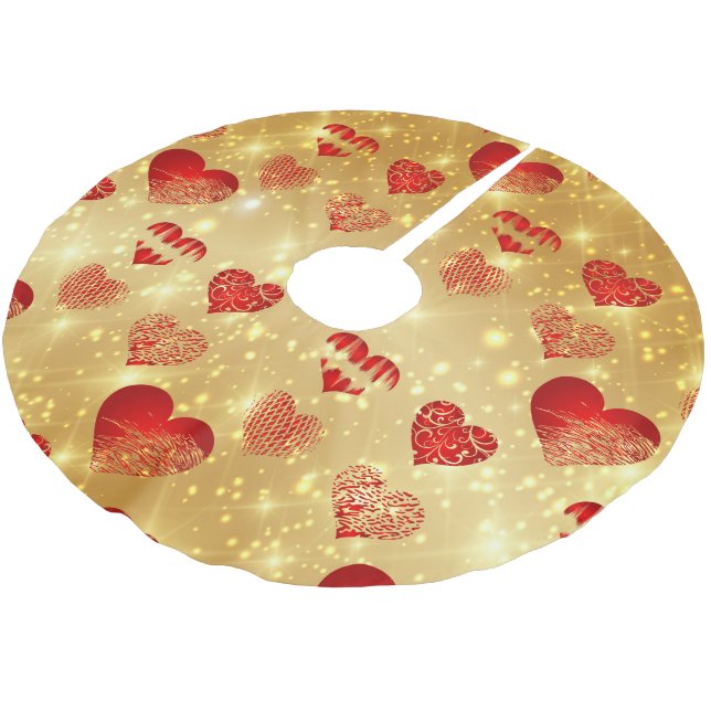 Glittering Golden Background And Hearts Brushed Polyester Tree Skirt (Angled)