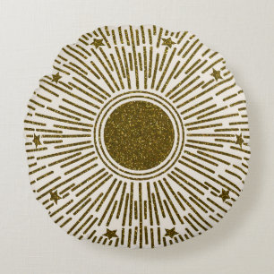 Glittering golden sun, vintage rays. round pillow