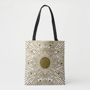 Glittering golden sun, vintage rays. tote bag