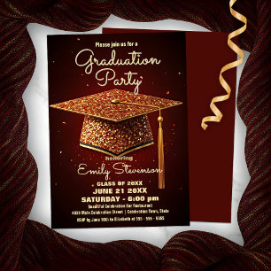 Glittering Graduation Cap & Red Sparkle Confetti Invitation