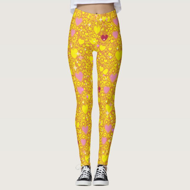 Glittering Hearts Pattern 01 BYellow BG Leggings (Front)