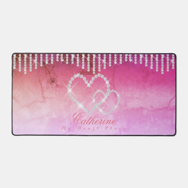Glittering Hearts Pink Red Desk Mat (Front)