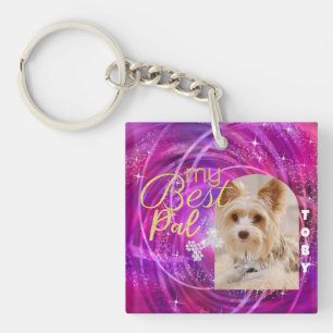 Glittering Pet Dog Photo Mangenta  Keychain