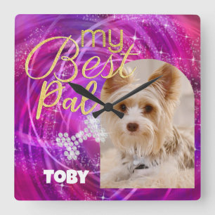 Glittering Pet Dog Photo Mangenta Square Wall Clock