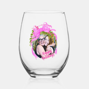 Glittering Pink Ribbon Christmas Blue Stemless Wine Glass