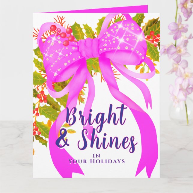 Glittering Pink Ribbon Christmas Card (Orchid)