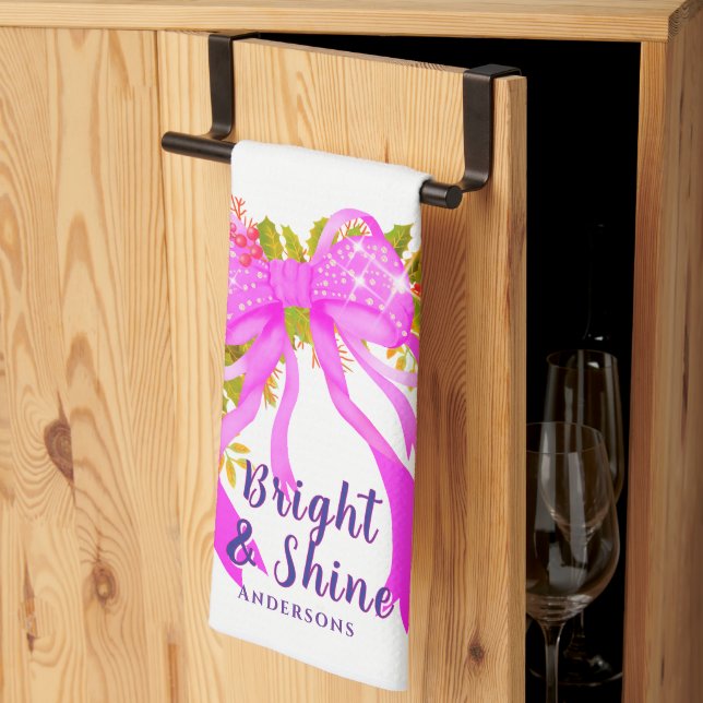 Glittering Pink Ribbon Christmas Kitchen Towel (Thirds Fold)
