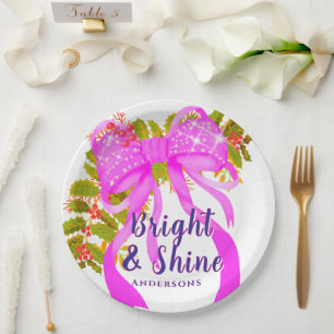 Glittering Pink Ribbon Christmas Paper Plate