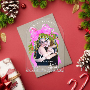 Glittering Pink Ribbon Photo  Christmas Pink Acrylic Invitations