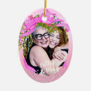 Glittering Pink Ribbon Photo  Christmas Pink Ceramic Ornament