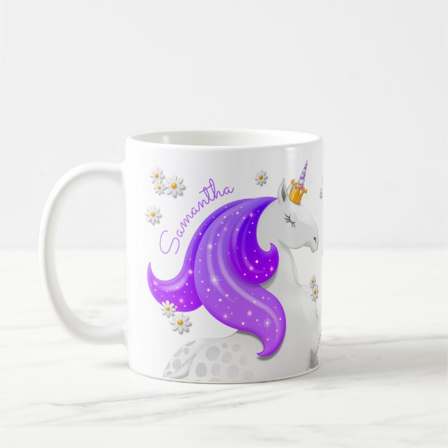 Glittering Purple Unicorn Princess Crown Daises Coffee Mug (Left)