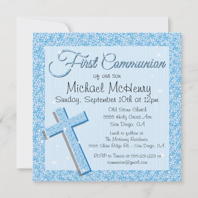 Glittering Sequin Blue First Communion Invitation (Front)