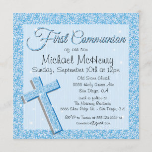 Glittering Sequin Blue First Communion Invitation