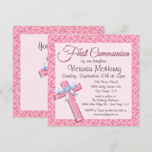 Glittering Sequin Pink First Communion Invitation