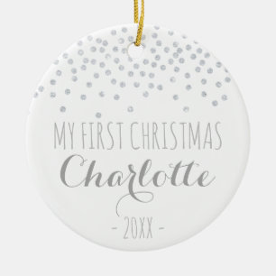 Glittering silver confetti   My first christmas Ceramic Ornament