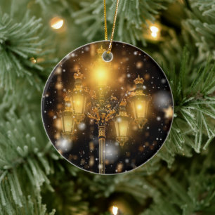 Glittering Snow Falling on the Lamp Ceramic Ornament