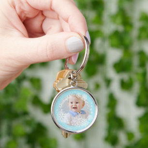 Glittering Snow Flakes Blue Keychain