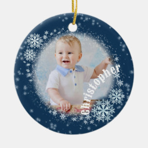 Glittering Snow Flakes Blue Round Ornament 