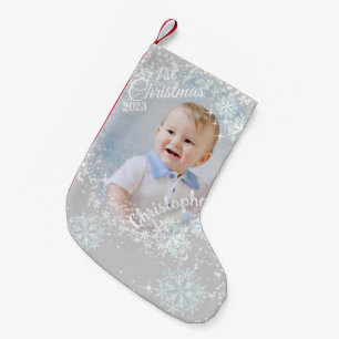 Glittering Snow Flakes Grey Small Christmas Stocking
