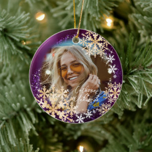 Glittering Snow Flakes Photo Magenta Ornament