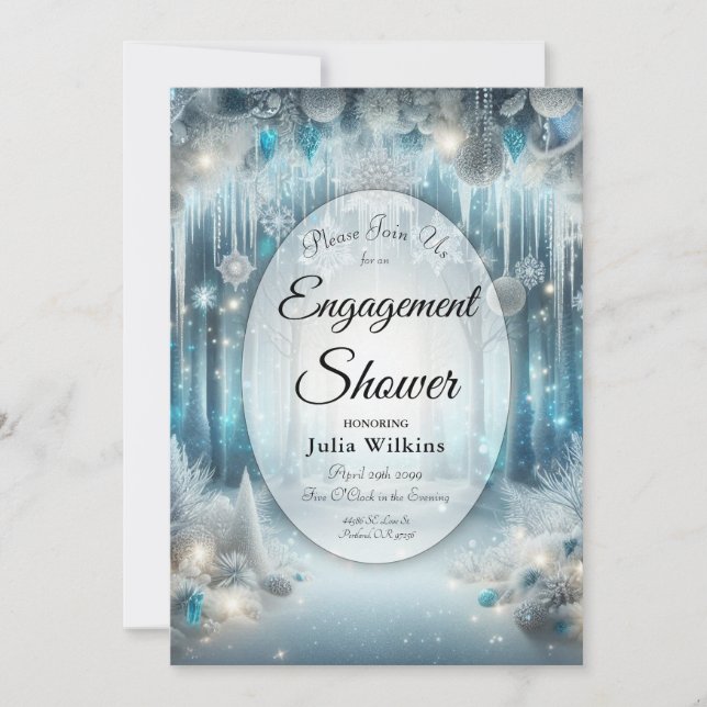Glittering Snowy Forest Engagement Shower Invitation (Front)