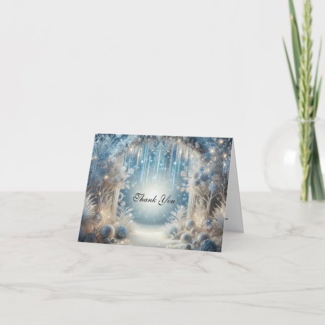Glittering Snowy Forest Wedding Photo Thank You Card (Front)