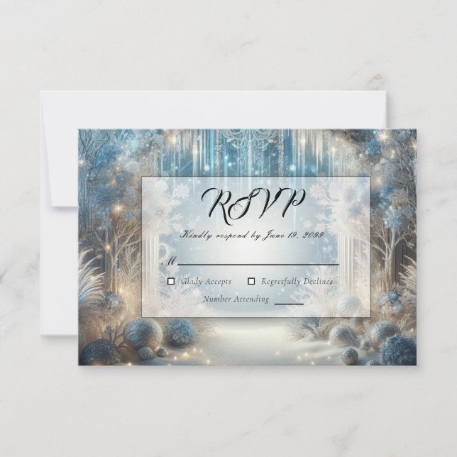Glittering Snowy Forest Wedding RSVP Card (Front)