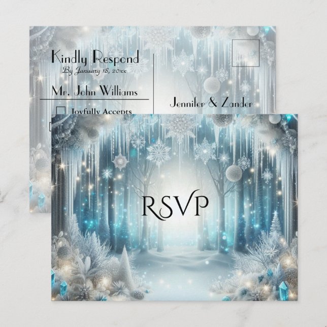 Glittering Snowy Forest Wedding RSVP Invitation Postcard (Front/Back)