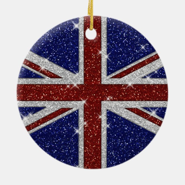 Glitters Shiny Sparkle Union Jack Flag Ceramic Ornament (Back)
