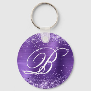 Glittery Amethyst Foil Fancy Monogram Keychain