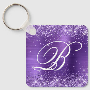 Glittery Amethyst Foil Fancy Monogram Keychain