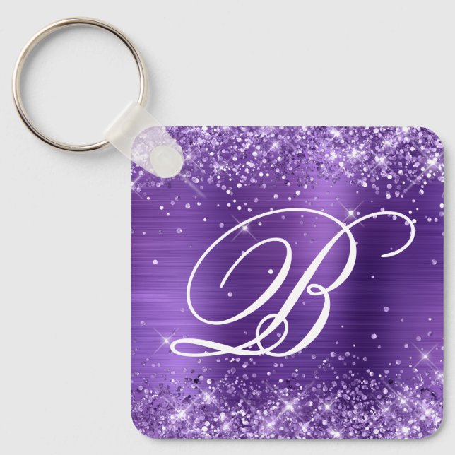 Glittery Amethyst Foil Fancy Monogram Keychain (Front)