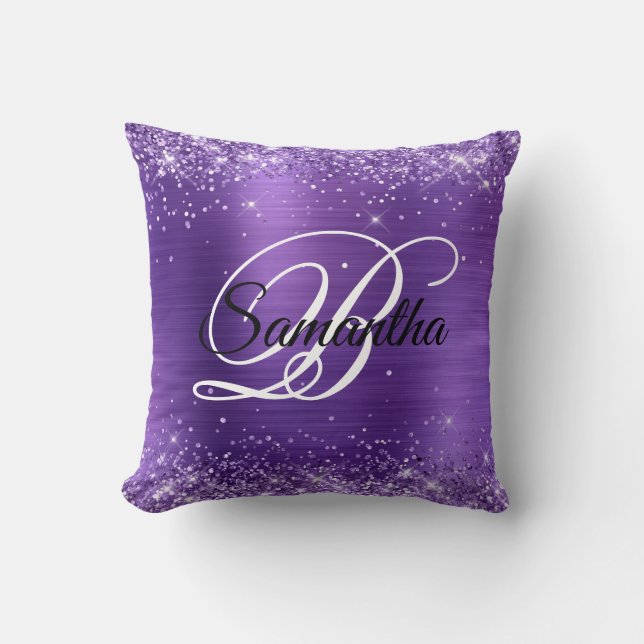 Glittery Amethyst Foil Fancy Monogram Throw Pillow (Front)