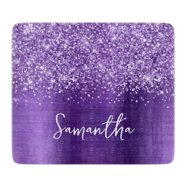 Glittery Amethyst Glam Name Cutting Board (Front)