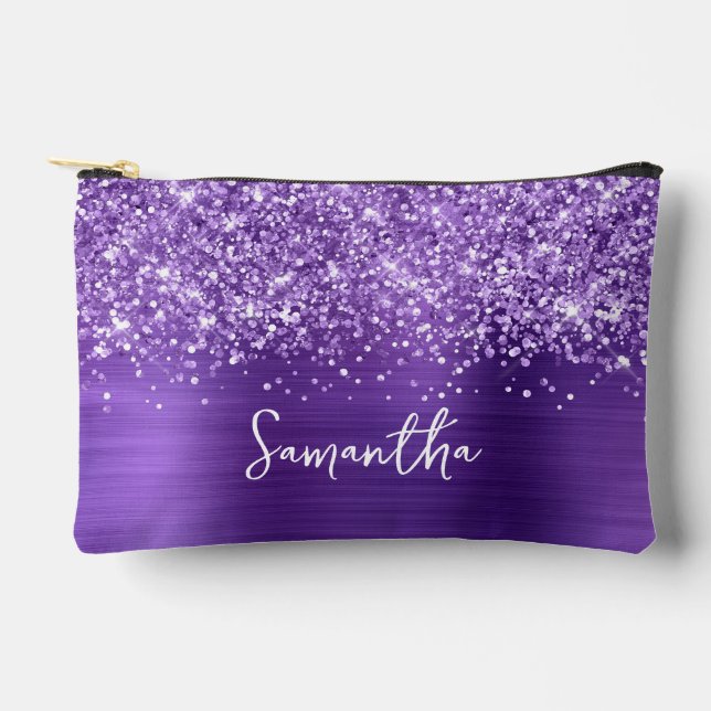 Glittery Amethyst Glam Script Name Accessory Pouch (Front)