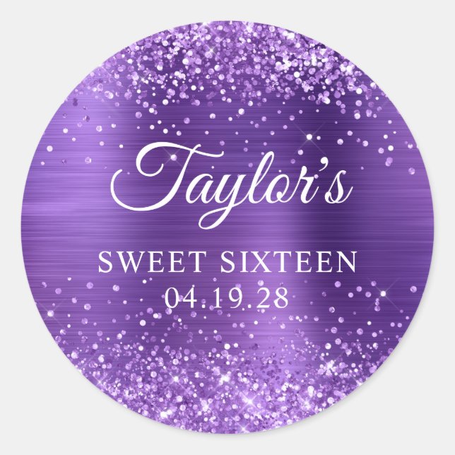 Glittery Amethyst Purple Foil Sweet Sixteen Classic Round Sticker (Front)