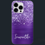 Glittery Amethyst Purple Glam Name Case-Mate iPhone 14 Pro Max Case<br><div class="desc">Customize the modern handwritten style script to create your own case.
Add a monogram initial to create a first name initial combination.
Girly faux purple glitter and brushed amethyst metal foil digital art will print like a photo.</div>