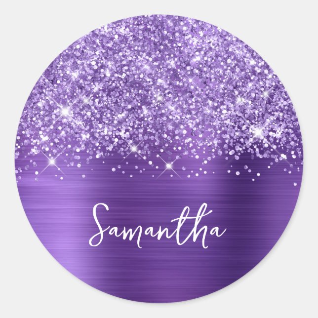 Glittery Amethyst Purple Glam Name Classic Round Sticker (Front)