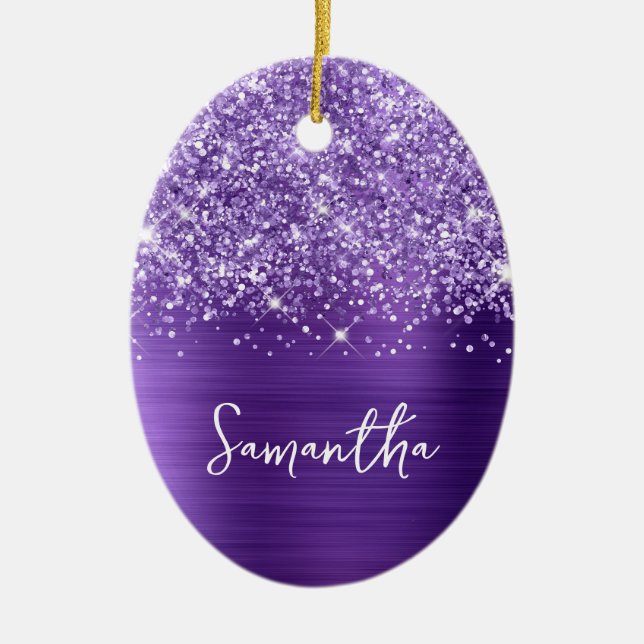 Glittery Amethyst Purple Glam Name Oval Photo Ceramic Ornament (Front)