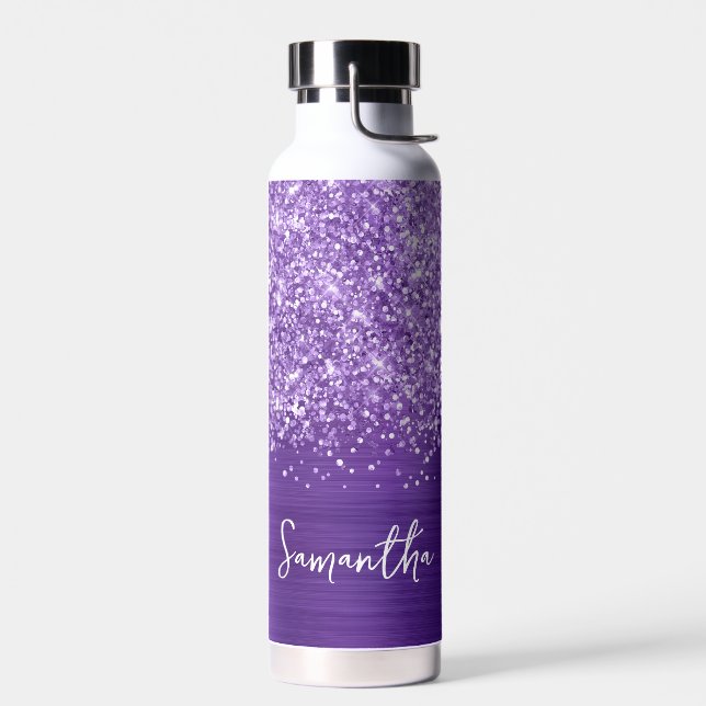 Glittery Amethyst Purple Glam Name Water Bottle (Left)
