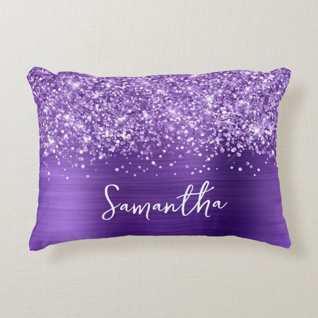 Glittery Amethyst Purple Glam Script Name Accent Pillow (Front)