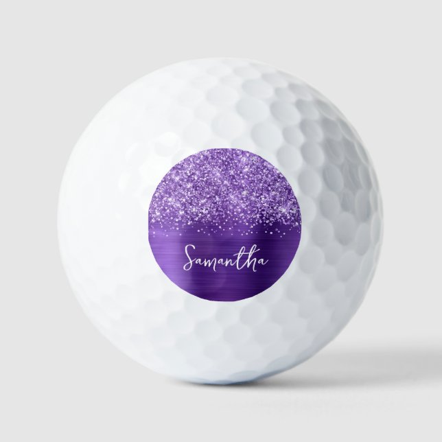 Glittery Amethyst Purple Glam Script Name Golf Balls (Front)