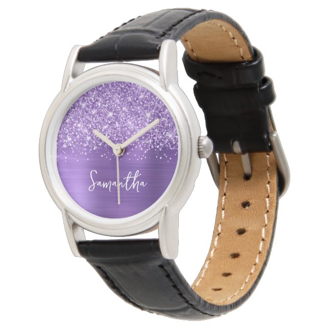 Glittery Amethyst Purple Glam White Name Watch (Angled)