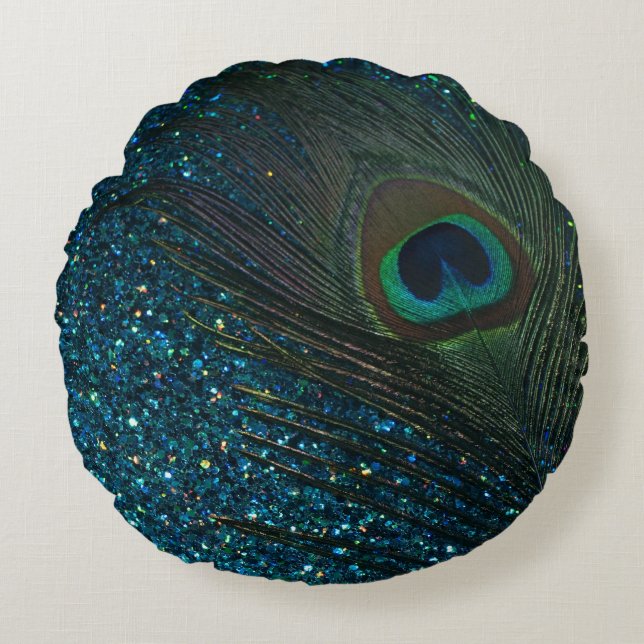 Glittery Aqua Blue Peacock Round Pillow (Front)