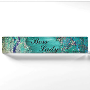 Glittery Aqua Paint Strokes Boss Lady Nameplate