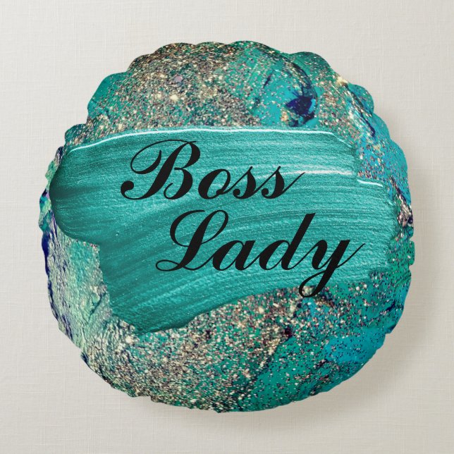 Glittery Aqua Paint Strokes Boss Lady  Round Pillow (Front)