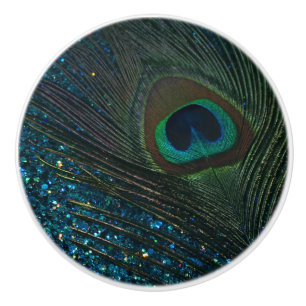 Glittery Aqua Peacock Ceramic Knob